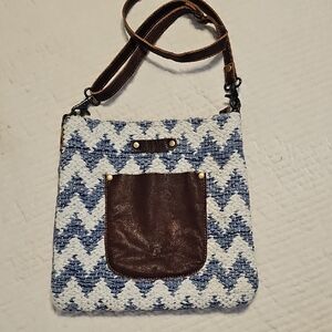 Myra Bag Blue & White Chevron Crossbody with Brown Trim